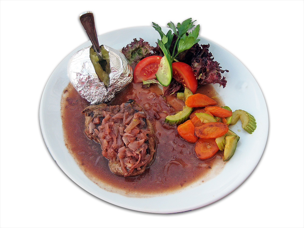 Rumpsteak mit Zwiebel-Rotwein-Jus - Lebensmittelfotos.com
