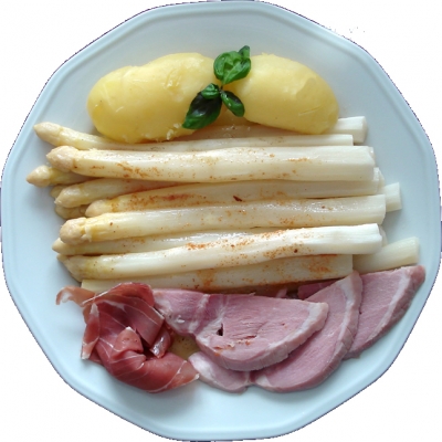 Spargel mit Koch- und Landschinken, dazu Frühkartoffeln